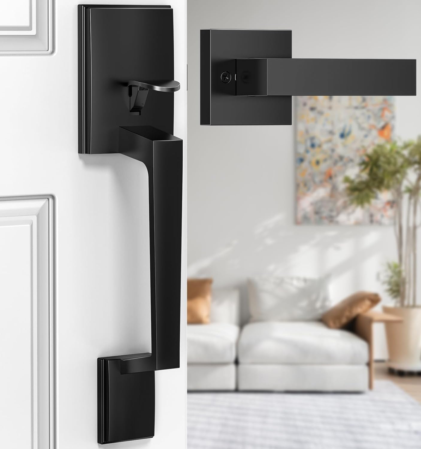 Black Front Door Access Lever Handle - No Lock, Reversible for Left/Right Doors