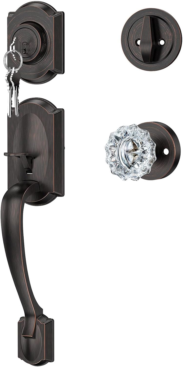 Crystal Glass Door Handle Set with Latch - Oil-Rubbed Bronze, Left/Right Compatible