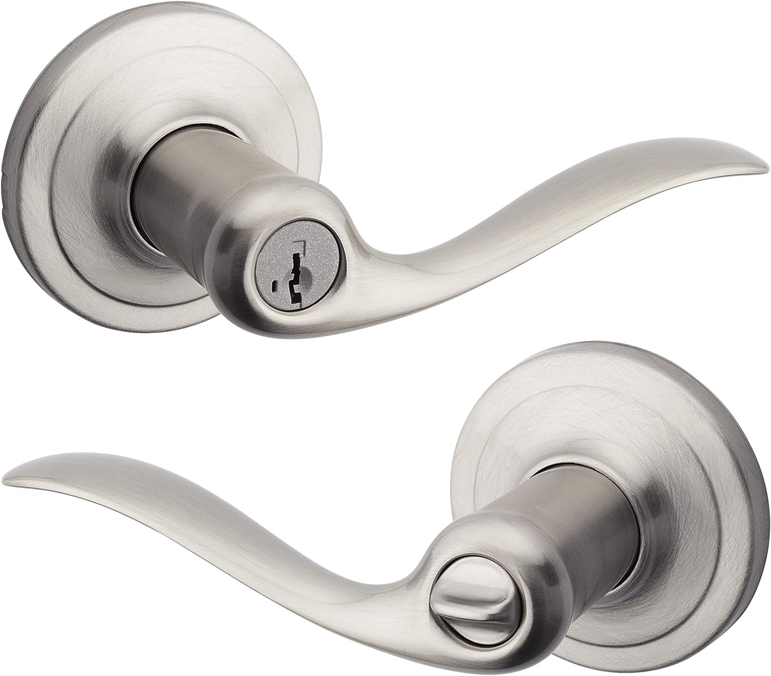 Satin Nickel Front Door Handle with Key Lock - Reversible External Handle for Bedroom Use
